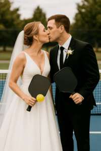 Bride and Groom Kissing on Pickleball Court