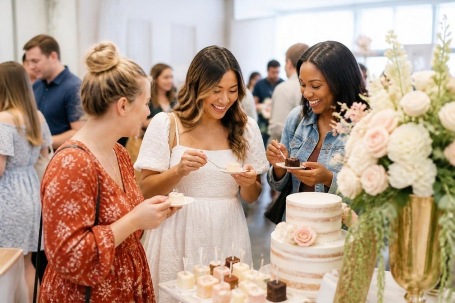 Bride-to-be and friends sampling cake at a Carolina Wedding Show vendor booth