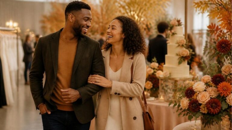 Engaged couple walking through fall wedding florals at the Carolina Wedding Show